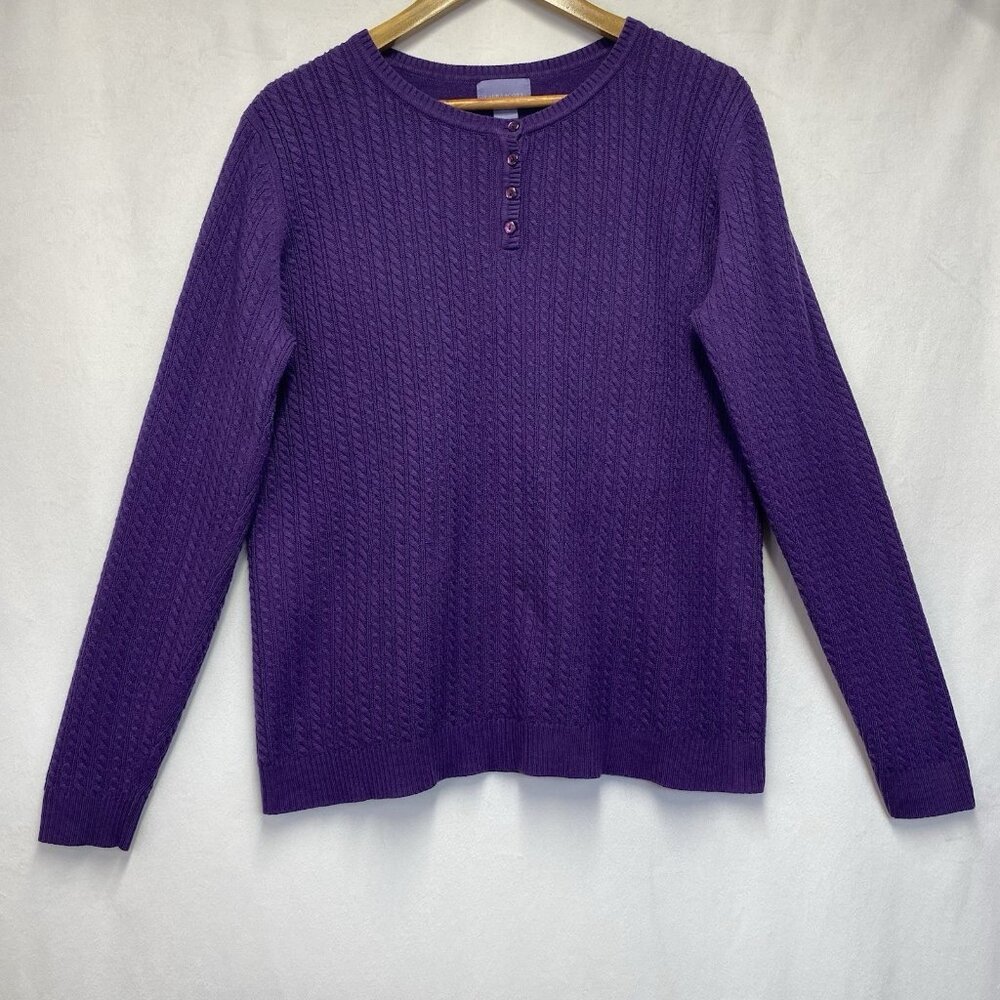 Laura Scott Cable Knit Henley Neck Pullover Sweater Women Size XL Purple Stretch
